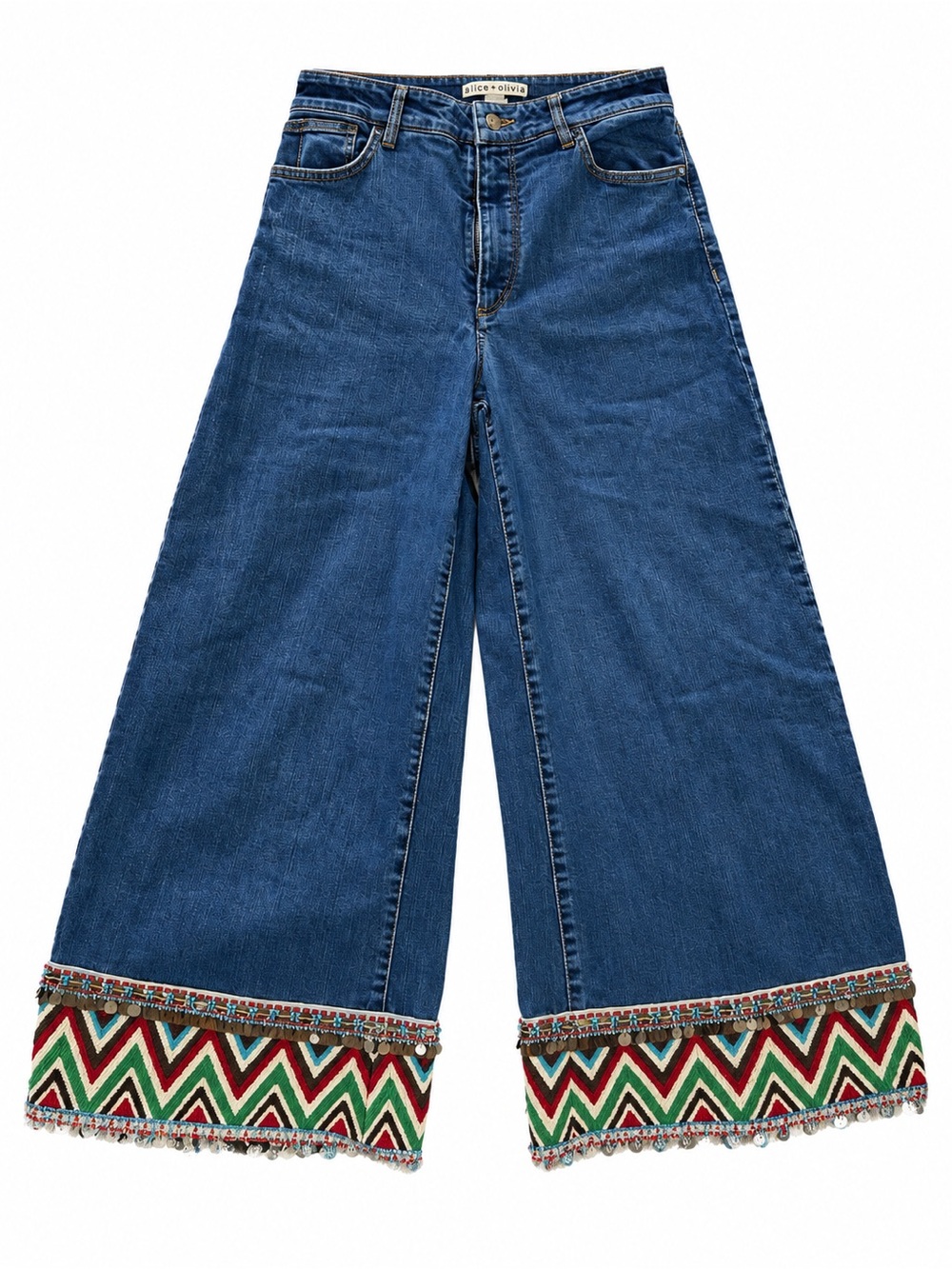 Alice + Olivia Dark Blue Wide-Leg Jeans with Multicolor Chevron Trim